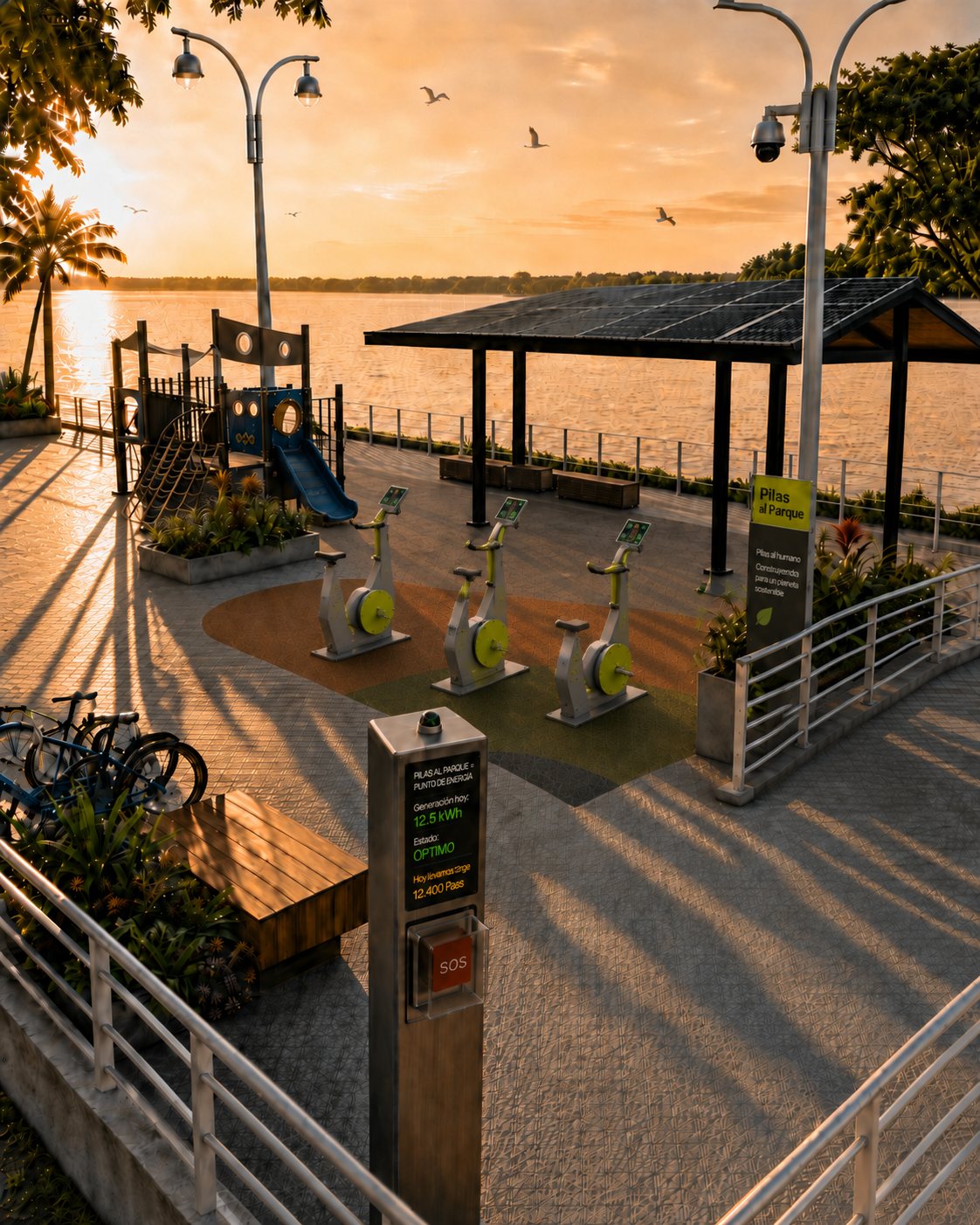 Render conceptual de la célula Pilas al Parque al atardecer: pérgola solar, bicicletas generadoras y tótem de pánico frente al río